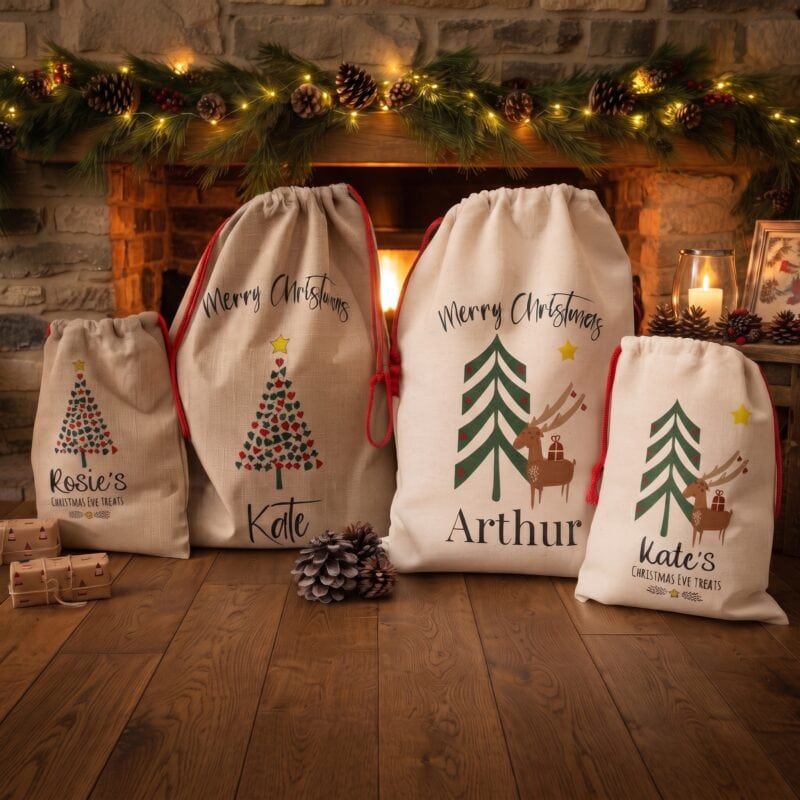 Personalised Christmas Santa sacks in front of a fireplace and Christmas tree