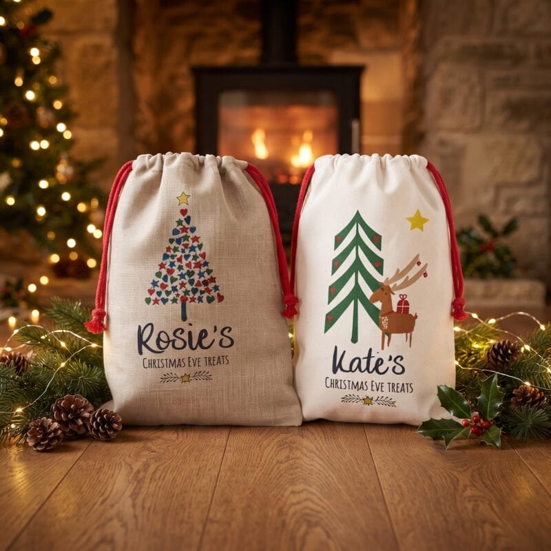 Personalised Christmas Eve sacks with children's names in front of a fireplace and Christmas tree