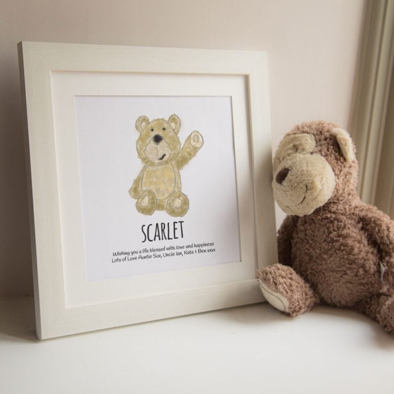 Personalised Hello Ted nursery print in a white frame