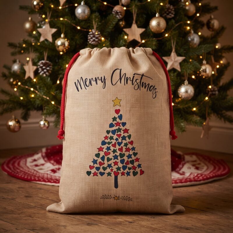 Merry Christmas drawstring gift bag with a dotted Christmas tree, in front of a decorated tree