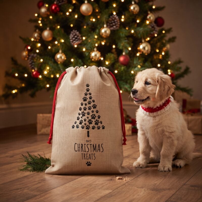 Dog Christmas treats bag in front of a Christmas tree with a golden retriever puppy