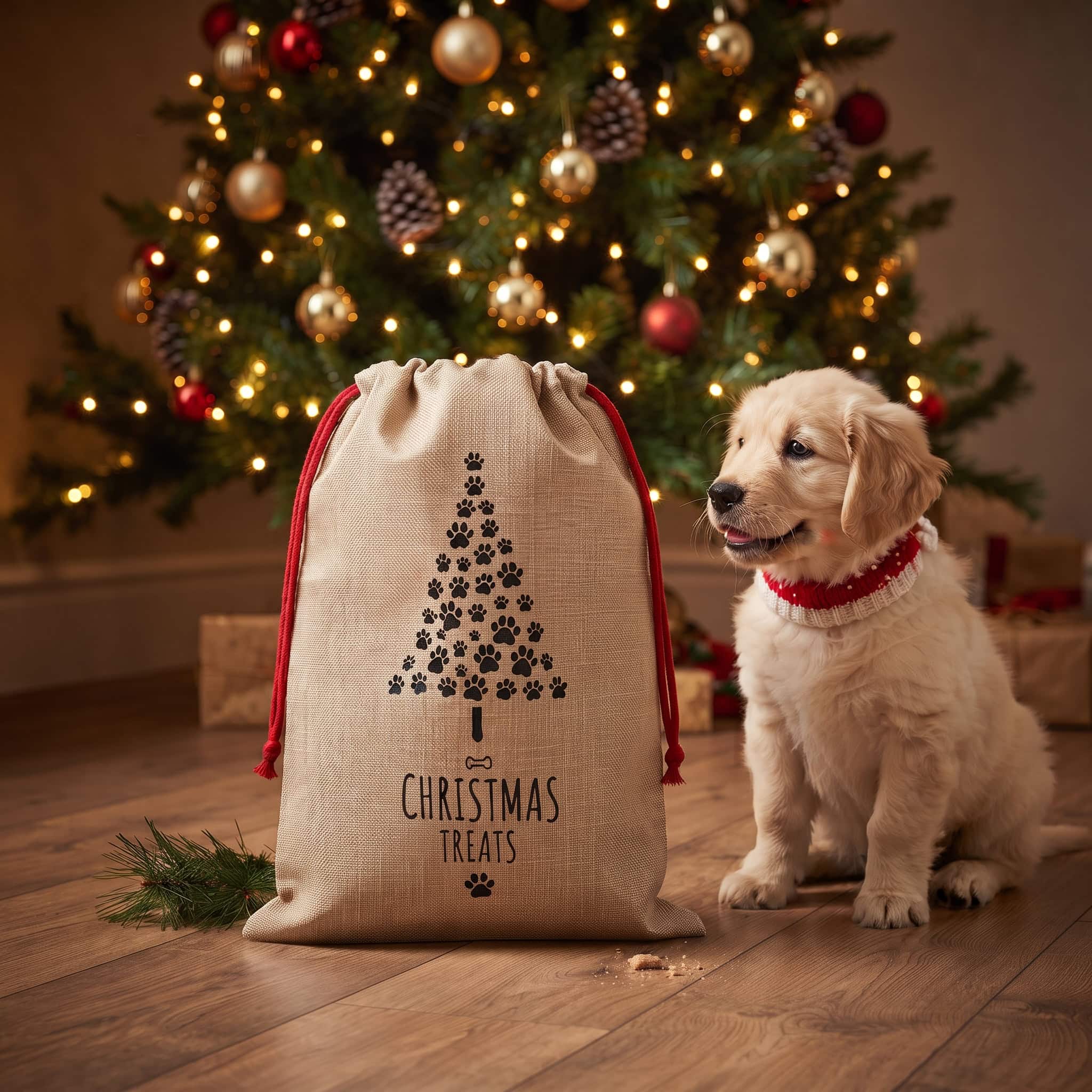 Dog Christmas treats bag in front of a Christmas tree with a golden retriever puppy