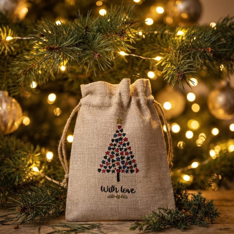 Small Christmas gift bag with a colourful dotted tree and the words With love, by a Christmas tree