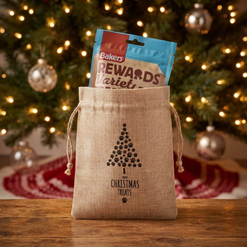 Small Dog Christmas Treats bag filled with dog treats under a Christmas tree