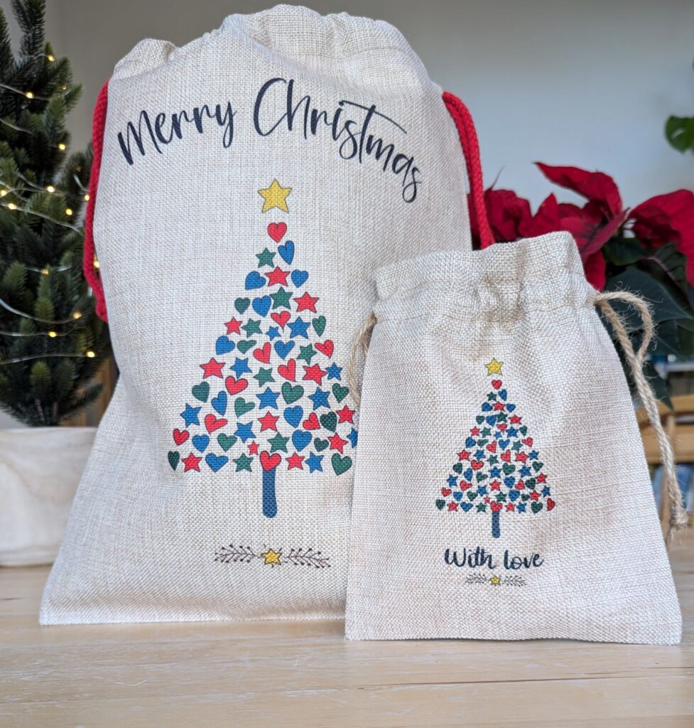 Tree of hearts Christmas gift bags, large and small